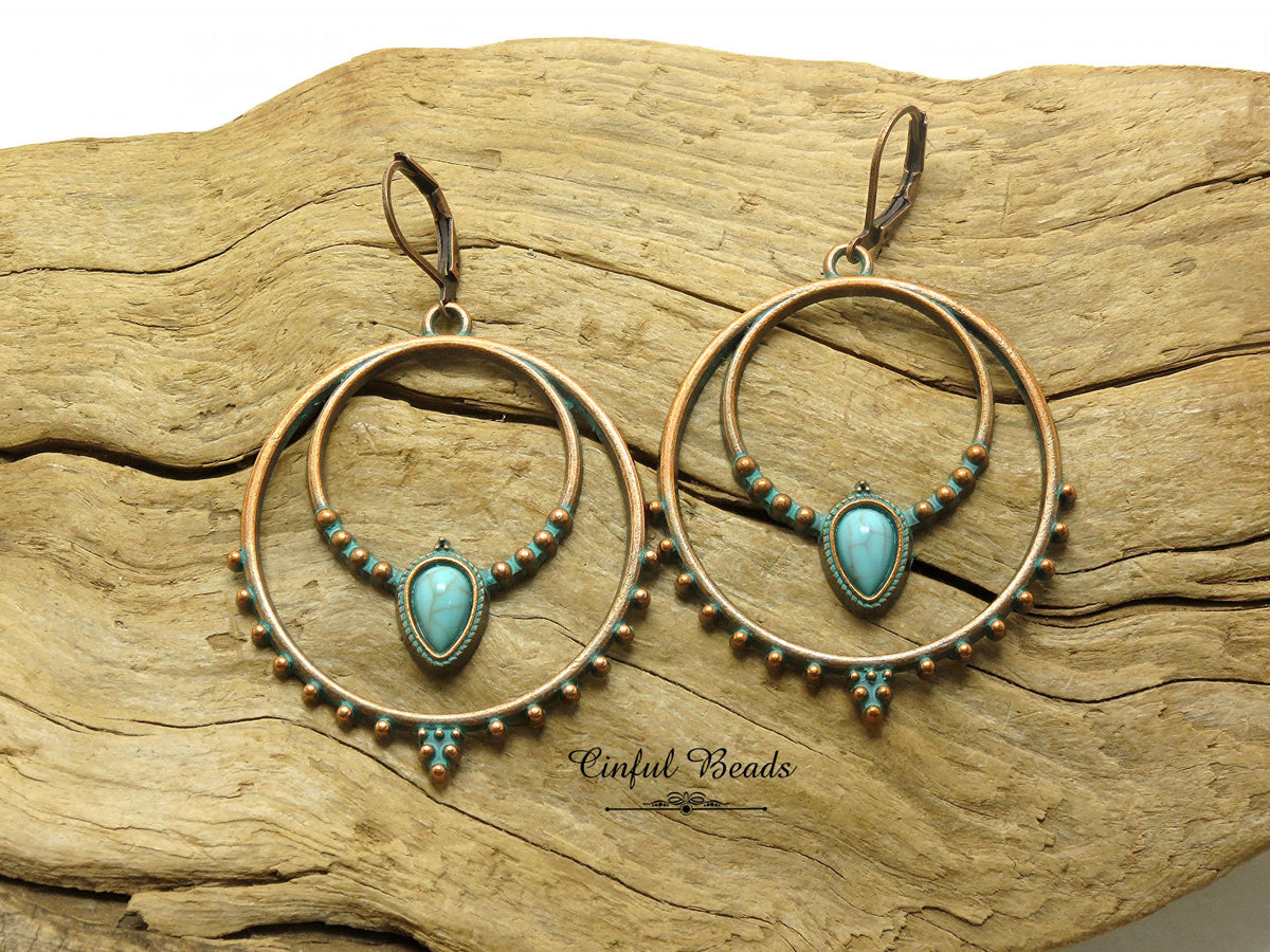 Boho Antique Copper Patina Hoop Earrings with Faux Turquoise