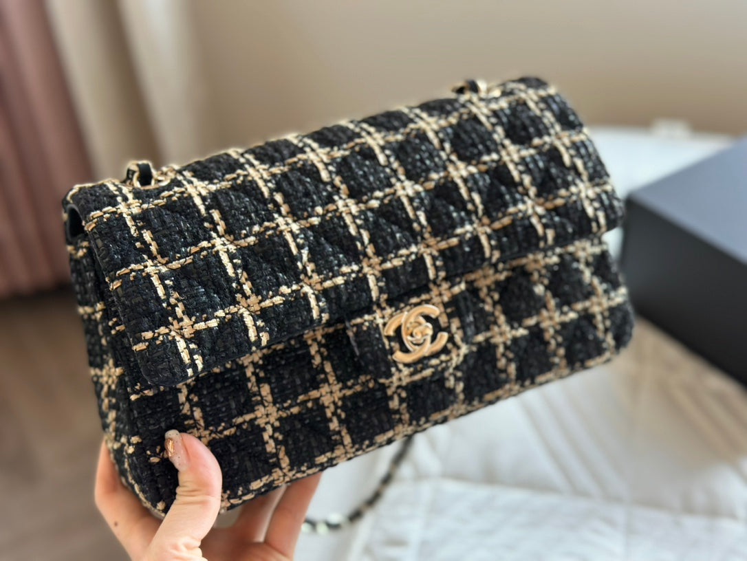 CHANEL Black and Beige Tweed 19 Flap Small Mixed Hardware 10.0 x 6.5 x 3.75 in