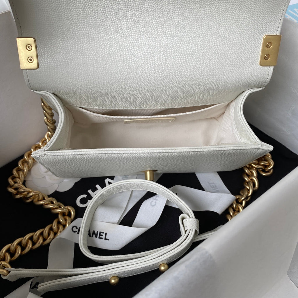 CC Boy Flap Bag with Handle Grained Shiny Calfskin & Gold-Tone Metal White 20 x 12 x 7cm