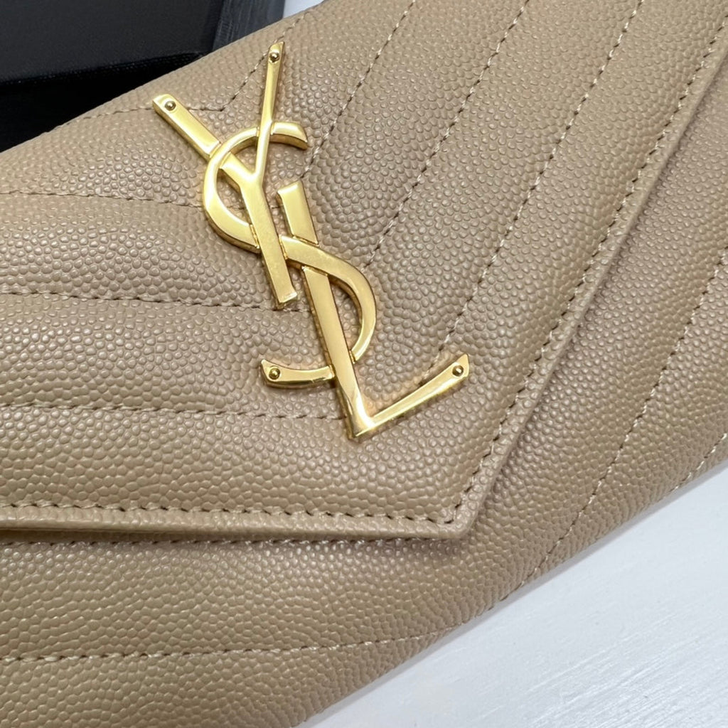 YSL Long Wallet Beige Leather Gold Tone 10772  19cm