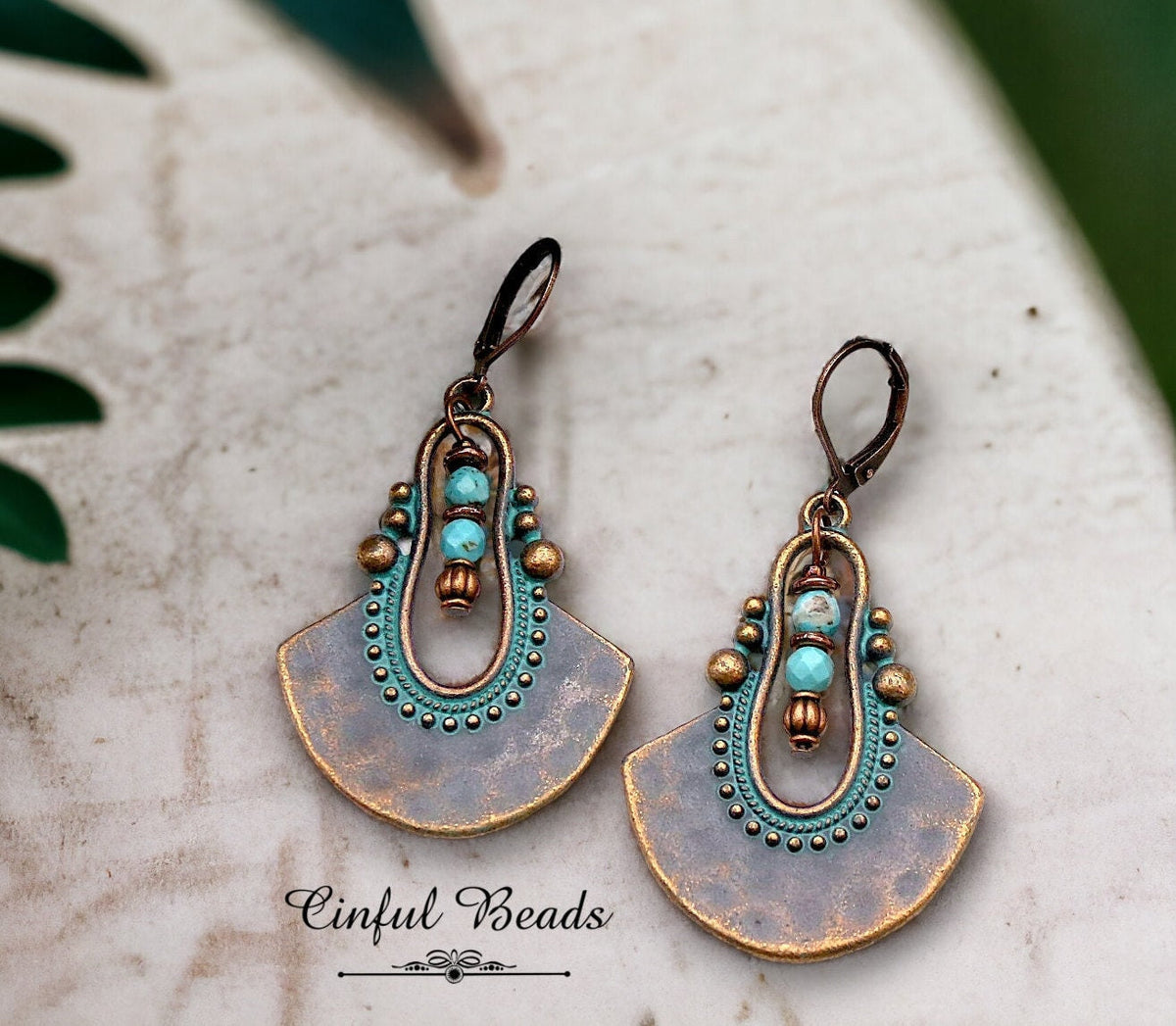 Turquoise Patina Boho Dangle Earrings - Antique Copper Ethnic Earrings With Turquoise Magnesite Beads - Rustic Dangle Pendant Earrings