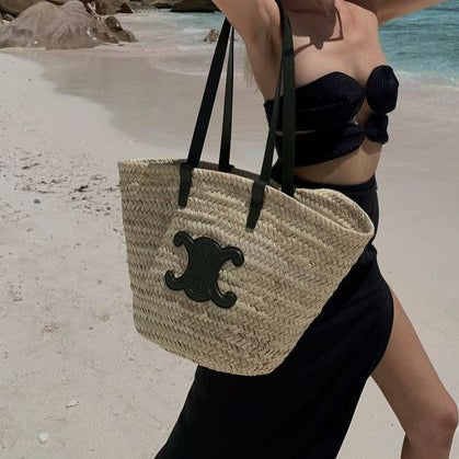 CELINE Unisex Calfskin Blended Fabrics Leather Logo Straw Bags