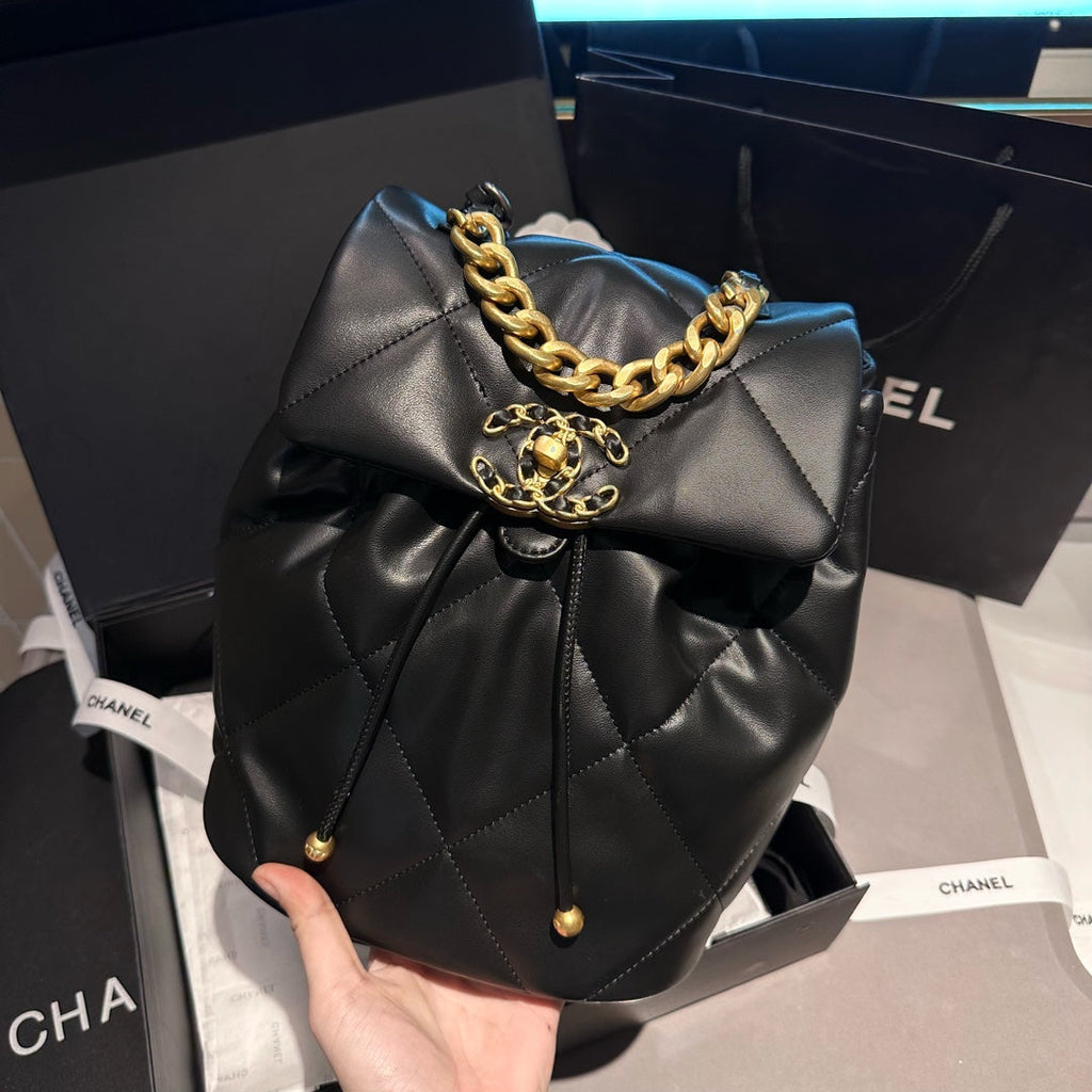 CHANEL 24C Black Lambskin Quilted 19 Flap Backpack Mixed Hardware