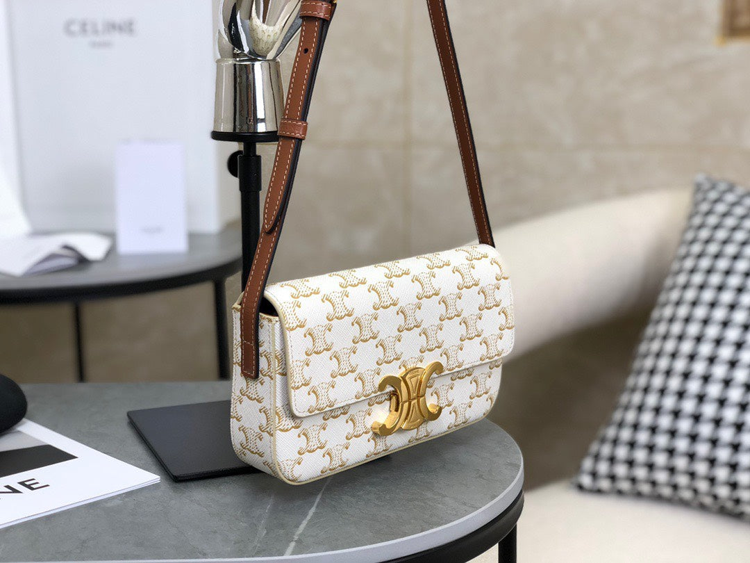 CELINE Triomphe Shoulder Bag In Triomphe Canvas And Calfskin White 20 x 10 x 4 cm