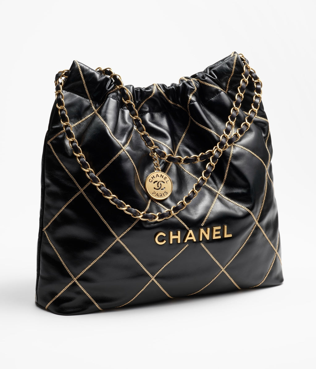 Chanel 22 Handbag 23B Shiny Calfskin Black Chain Quilt 35  x 37 x 7 cm