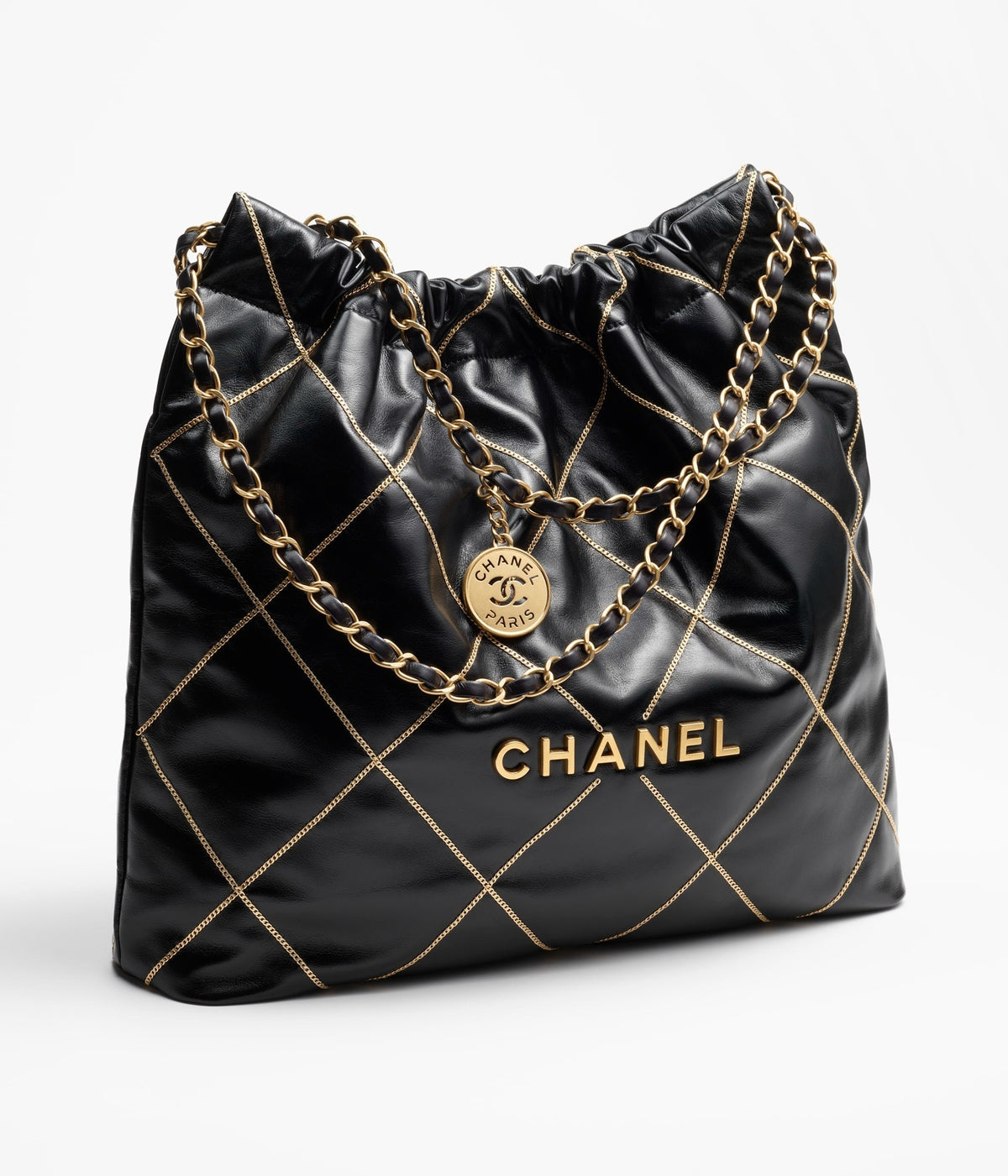 Chanel 22 Handbag 23B Shiny Calfskin Black Chain Quilt 35  x 37 x 7 cm