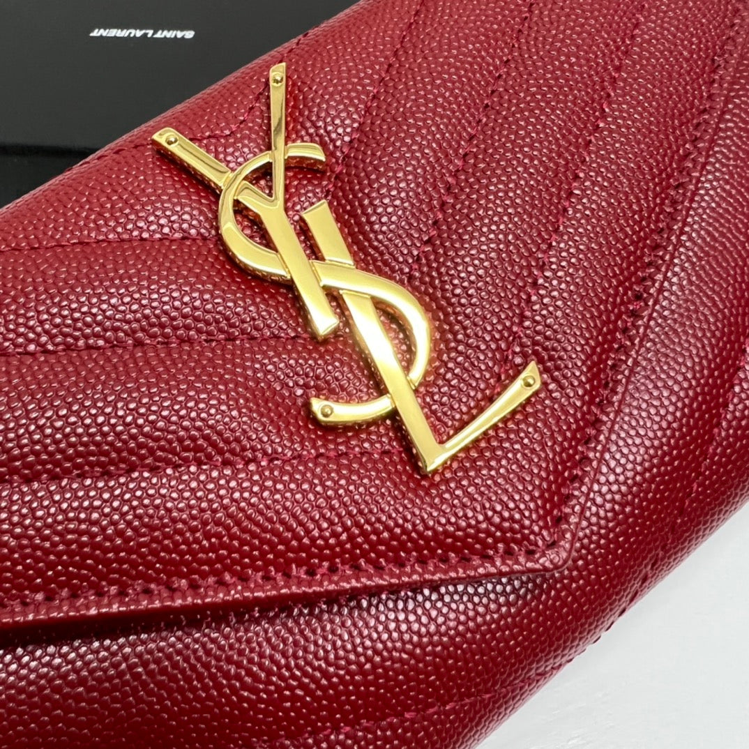 YSL Long Wallet Red Leather Gold Tone 10771 19cm
