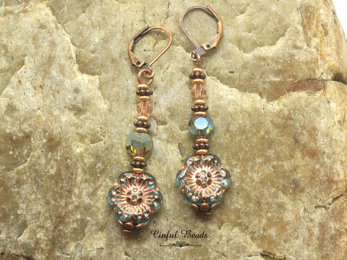Antique Copper Boho Earrings - Transparent Aqua and Rose Dangle Earrings -Lightweight Flower Earrings with Matching Necklace