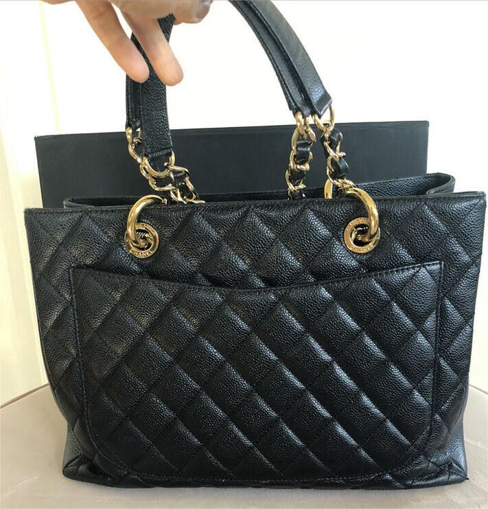Authentic Chanel CC BlackGold Caviar Quilted Grand Shopping Tote
