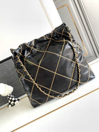 Chanel 22 Handbag 23B Shiny Calfskin Black Chain Quilt 35  x 37 x 7 cm