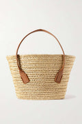BOTTEGA VENETA Medium leather-trimmed raffia tote