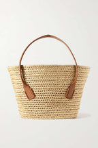 BOTTEGA VENETA Medium leather-trimmed raffia tote
