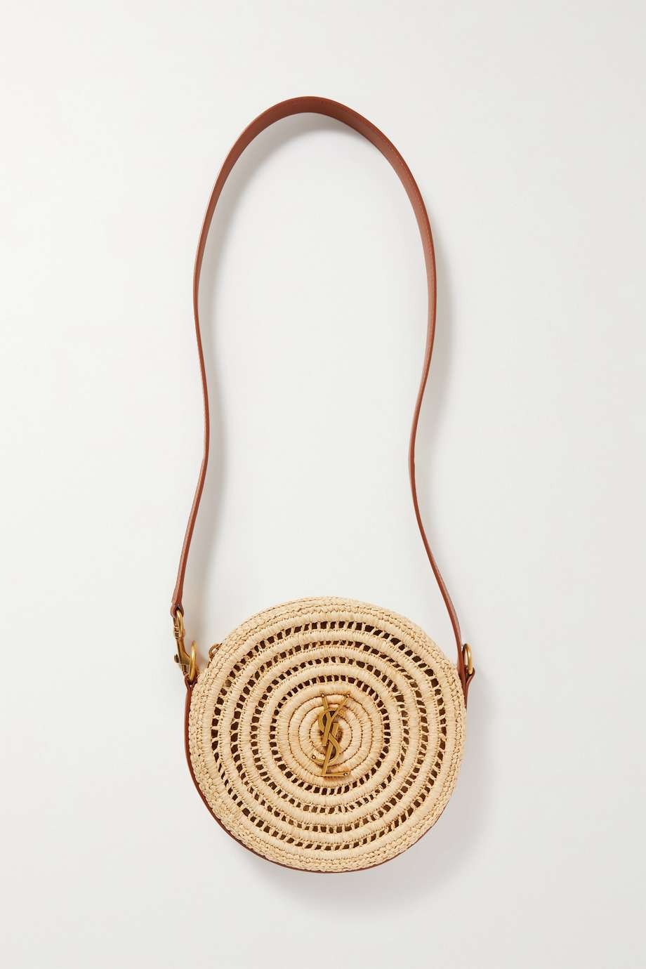 SAINT LAURENT Cassandre Round leather-trimmed raffia shoulder bag