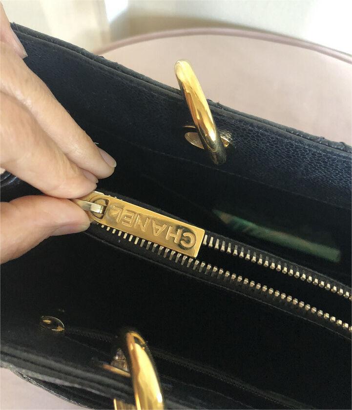 Authentic Chanel CC BlackGold Caviar Quilted Grand Shopping Tote
