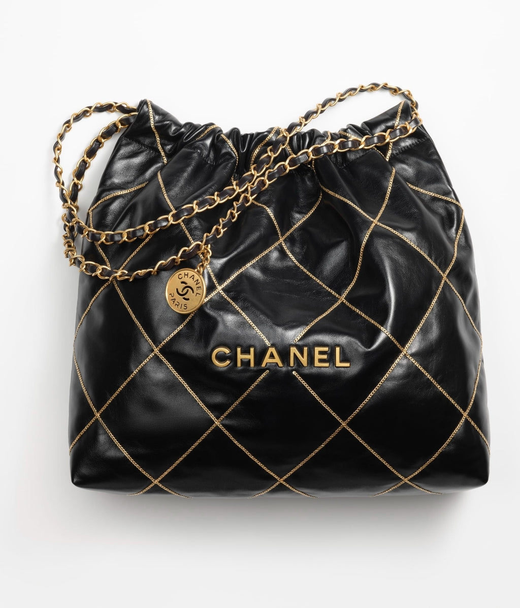 Chanel 22 Handbag 23B Shiny Calfskin Black Chain Quilt 35  x 37 x 7 cm